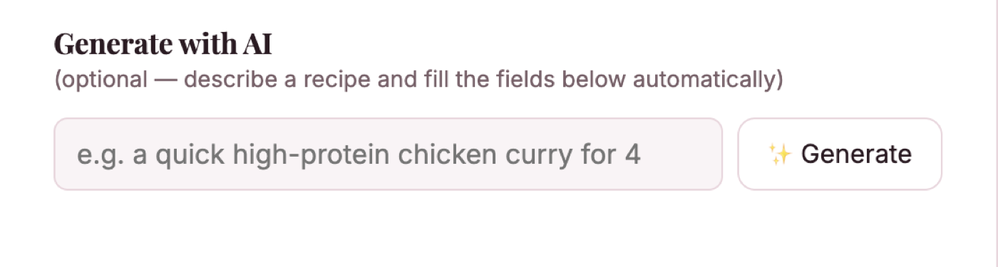 Generate with AI: a text box to describe a recipe, and a Generate button