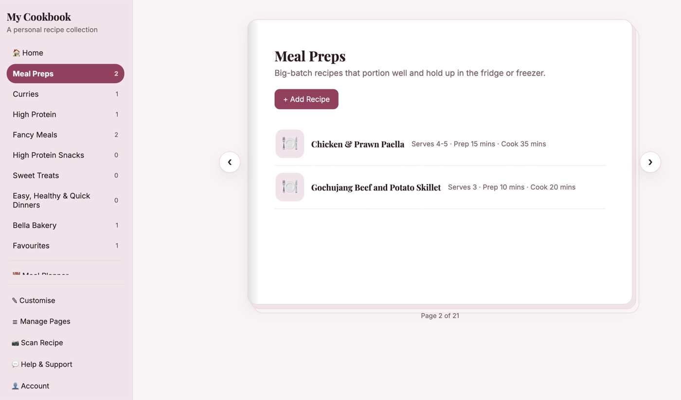 Book-style layout with page-flip navigation arrows