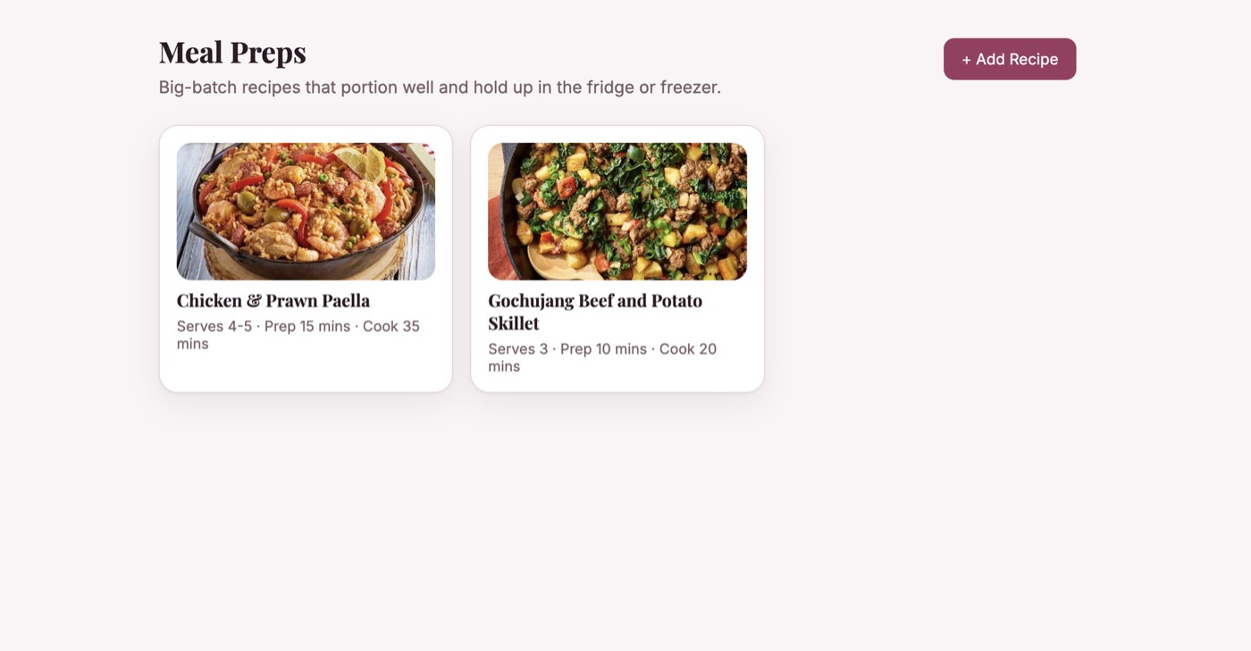 A recipe page with photos, showing Chicken and Prawn Paella and a Gochujang Beef and Potato Skillet