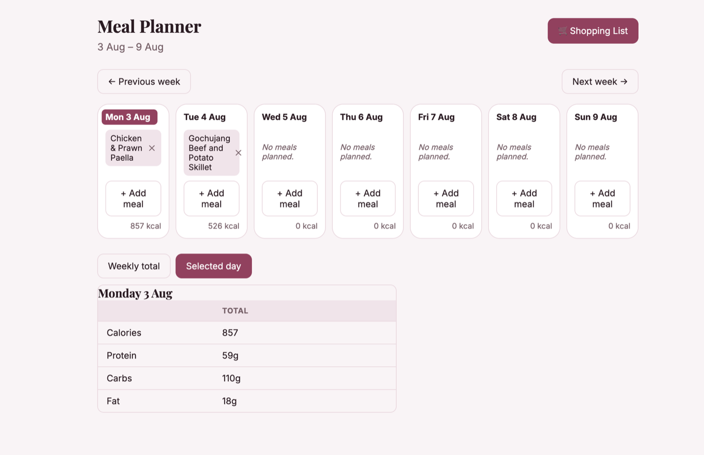 Weekly meal planner showing each day of the week with meals and calorie totals
