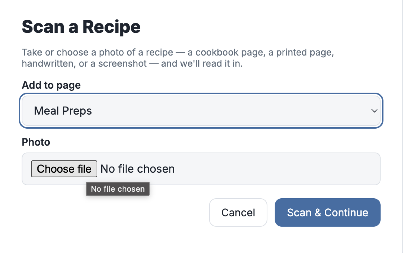 Scan a Recipe screen, choosing a photo to read a recipe in from