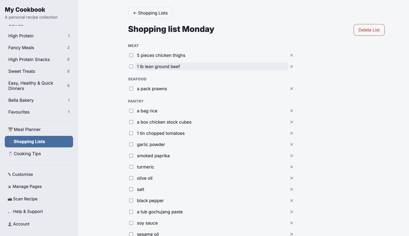 A generated shopping list grouped by Meat, Seafood, and Pantry